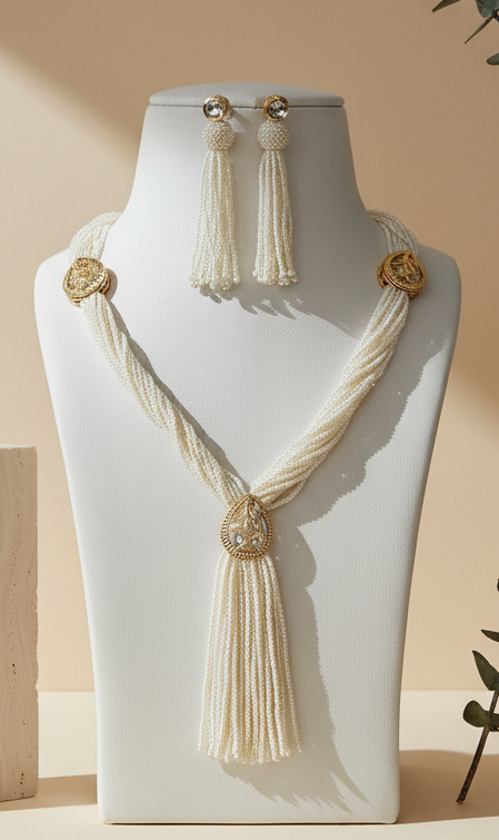 Imperial White Pearl Tassel & Gold Filigree Set & Matching Earrings