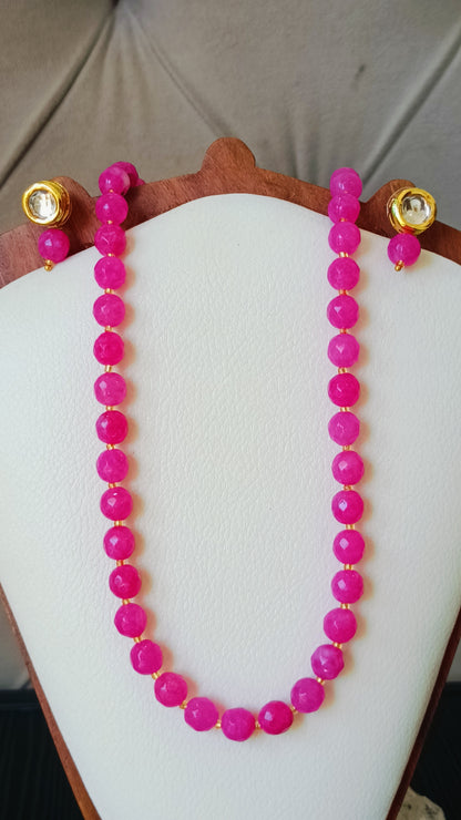 Bright Pink Onyx Beads With Metal Earrings