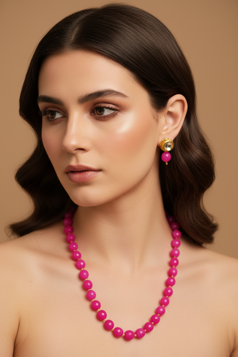 Bright Pink Onyx Beads With Metal Earrings DB00447