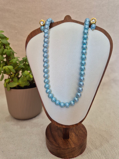 Sky Blue Pearl Necklace With Metal Earrings