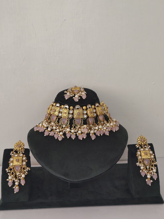 Royal Choker Pink & Golden Shade With Matching Earrings & Mang Tikka