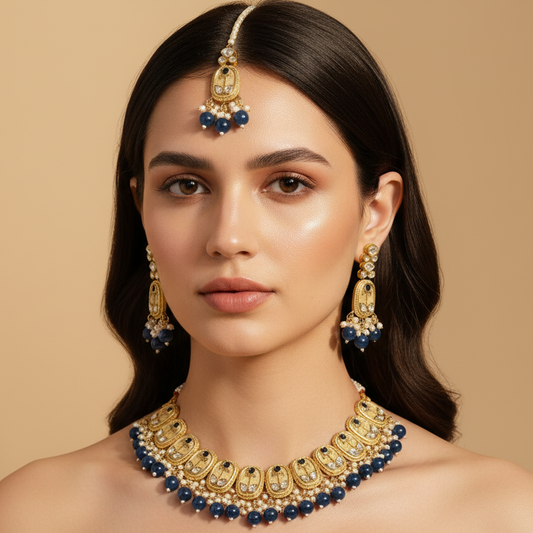 Royal Bright Blue Choker With Earrings & Maang Tikka Se