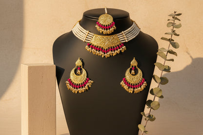 Royal Punjabi Necklace in Golden and Pink with Earrings and Mang Tikka