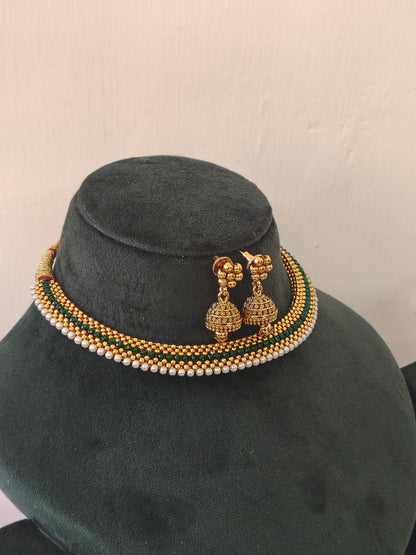 Green Red Gold-Plated Choker & Jhumka Jewelry Set  With Earrings