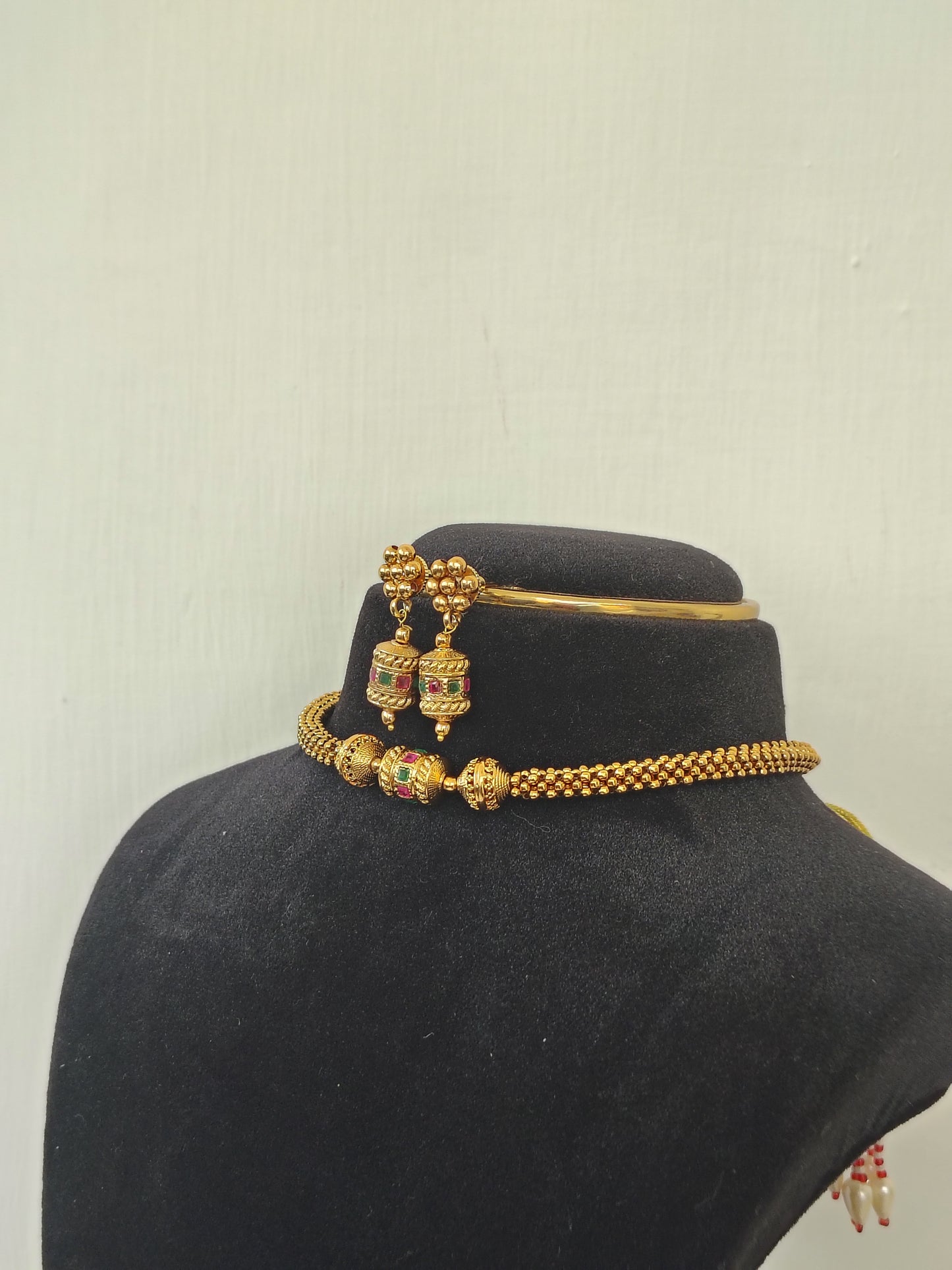 Dainty Gold-Plated Bead Choker & Jhumka Set & Earrings