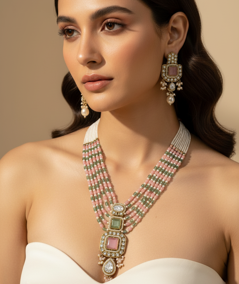 Royal light Pink & Green Shade Long Necklace With Matching Earrings