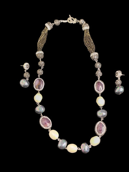 Multi Purple & White Shade Stone With Matching Earrings