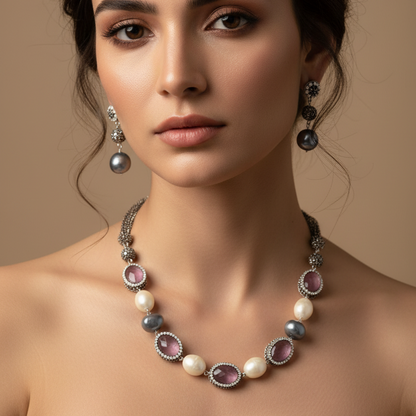 Multi Purple & White Shade Stone With Matching Earrings