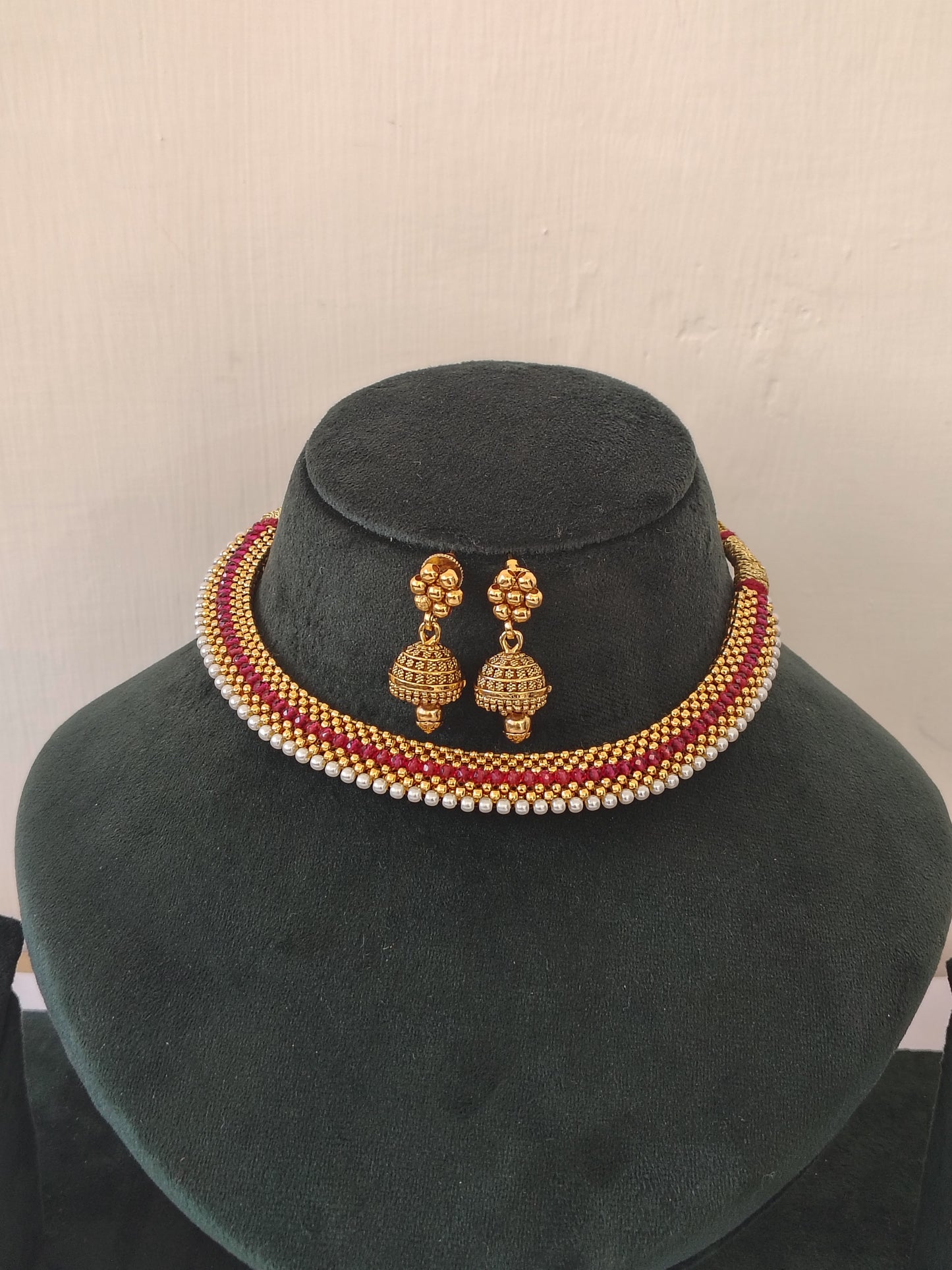Green Red Gold-Plated Choker & Jhumka Jewelry Set  With Earrings