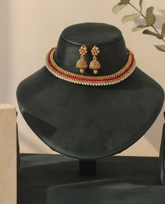 Green Red Gold-Plated Choker & Jhumka Jewelry Set  With Earrings