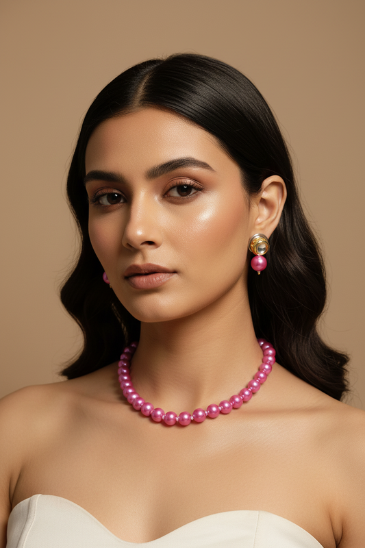 Bright Pink Pearl With Golden Metal Earrings