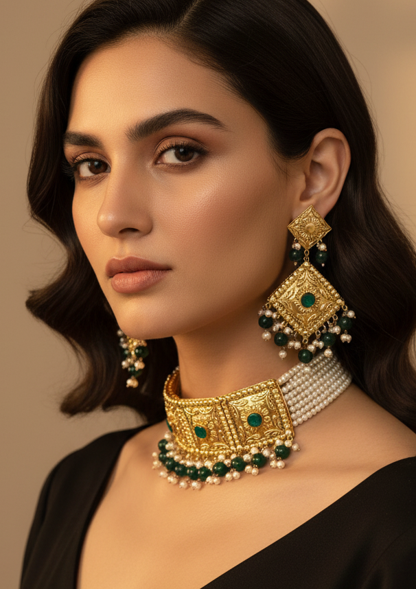 Royal Emerald & Gold Filigree Choker Set with Matching Maang Tikka and Earrings