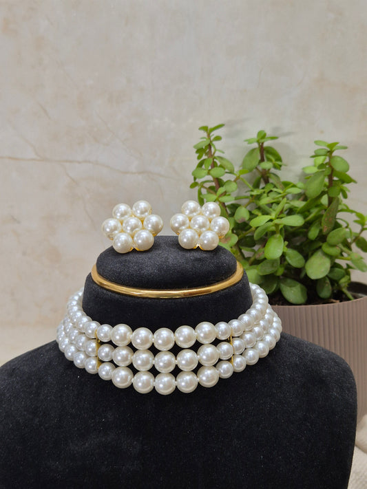 Classic White Three-Strand Pearl Necklace & Earring Set