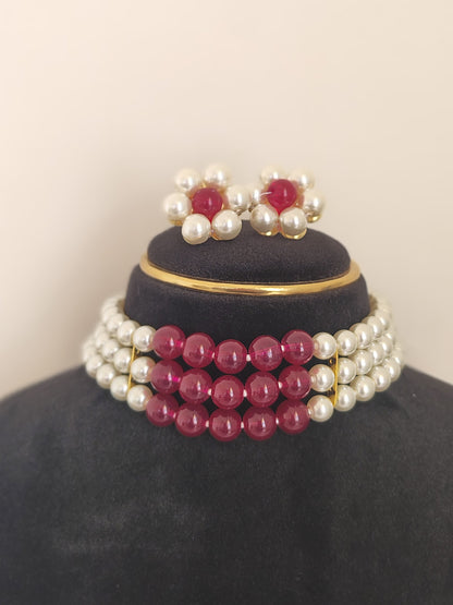 Elegant Red White Pearl Choker Necklace DB00310