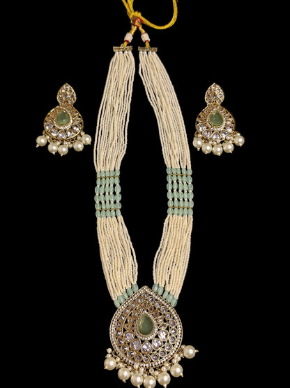 Royal White & light Green Long Necklace With Matching Earrings