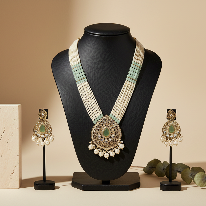 Royal White & light Green Long Necklace With Matching Earrings