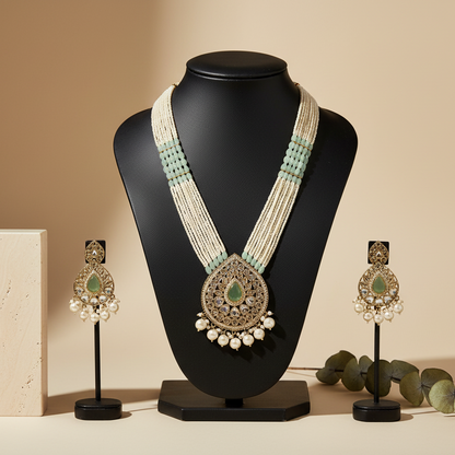 Royal White & light Green Long Necklace With Matching Earrings