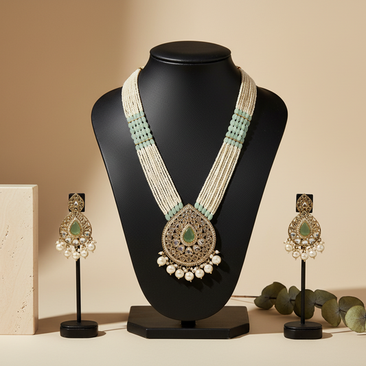 Royal White & light Green Long Necklace With Matching Earrings