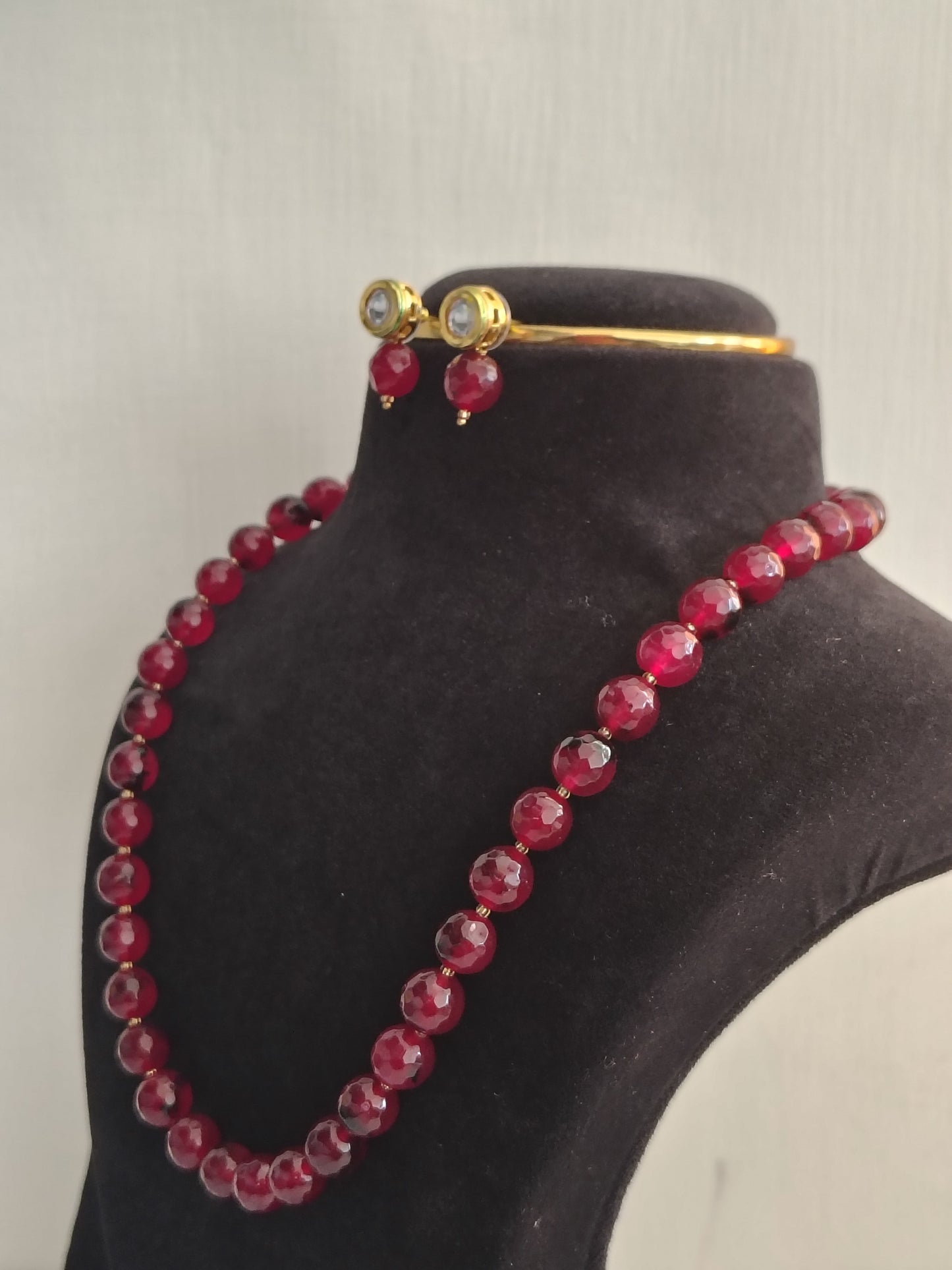 Onyx Maroon Bigger Faceted Bead Necklace & Earring Set