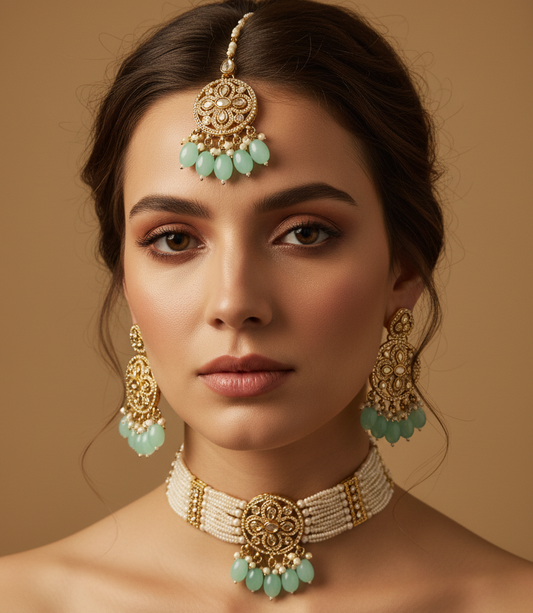 Sky Blue & Golden With Pearl Choker & Earrings With Maang Tikka