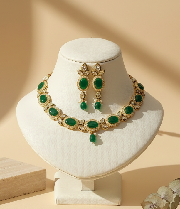 Premium Royal Green Shade Stone Studded Necklace With Earrings