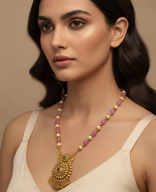 Pink & Golden Pearl Shade Long Necklace