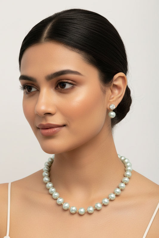 Sage Green Premium Heavy Pearl Necklace with Earrings