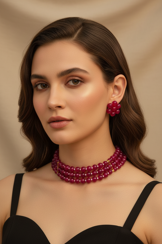 Elegant Red Pearl Necklace 3 Layer