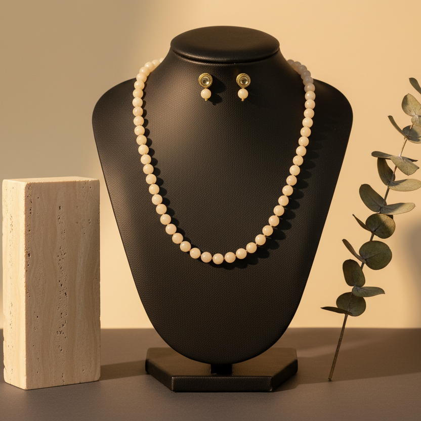 Cream Onyx Necklace With Metal Earrings