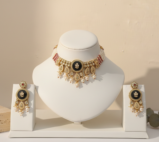 Royal Pastel Dark Green & Pink  Pearl Choker Set With Stone Work