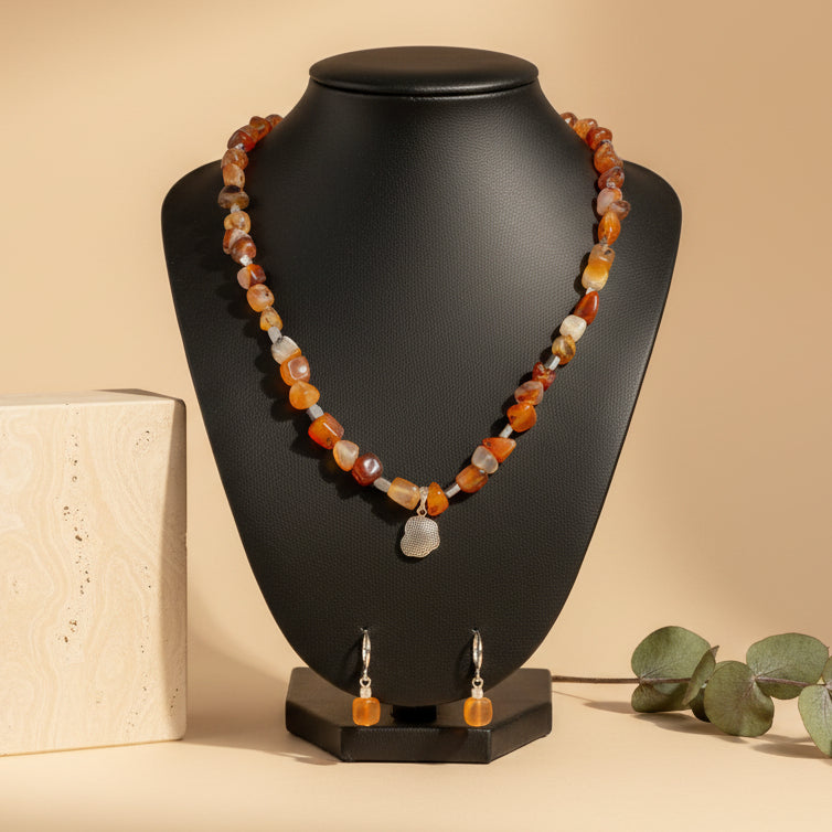 Orange Red Shade Stone & Necklace With Earrings