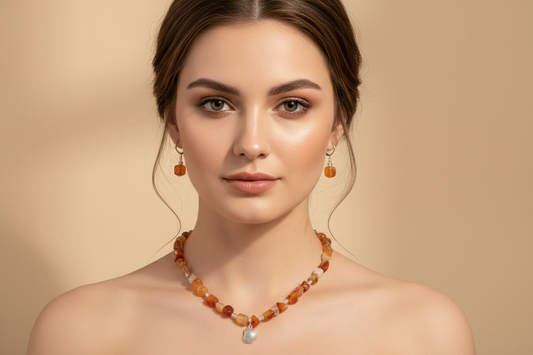 Orange Red Shade Stone & Necklace With Earrings