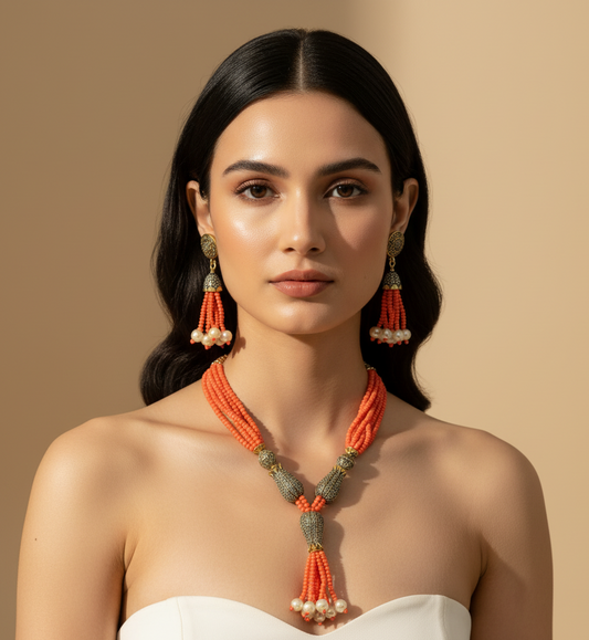Orange & Golden shade With Earrings Statement Set