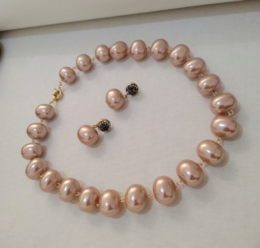 Blush Pink Premium Heavy Pearl Necklace with Earrings