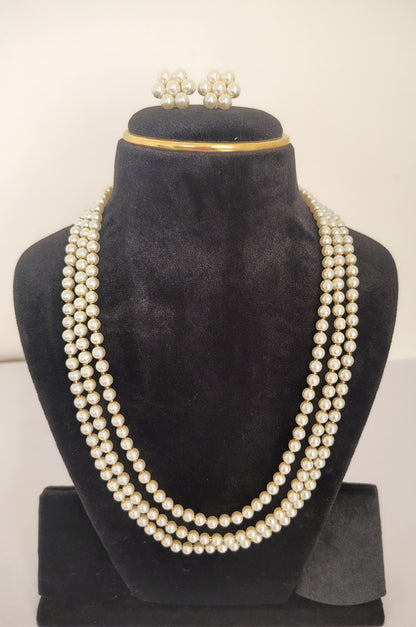 3 Strands Long White Pearl Necklace