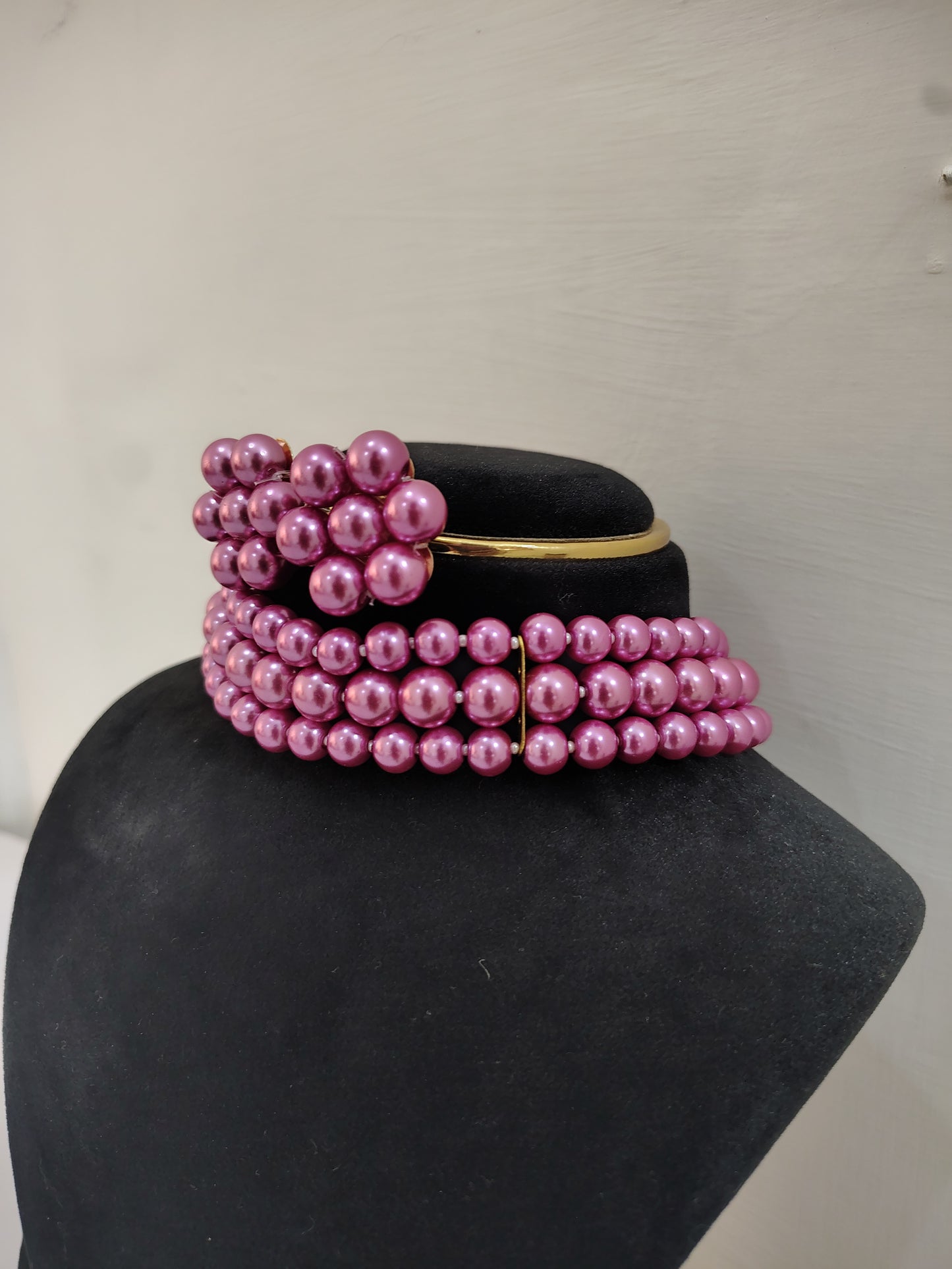 Bright Pink Pearl 3 Layer With Earrings Choker Set