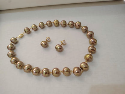 Champagne Gold Premium Heavy Pearl Necklace with Earrings