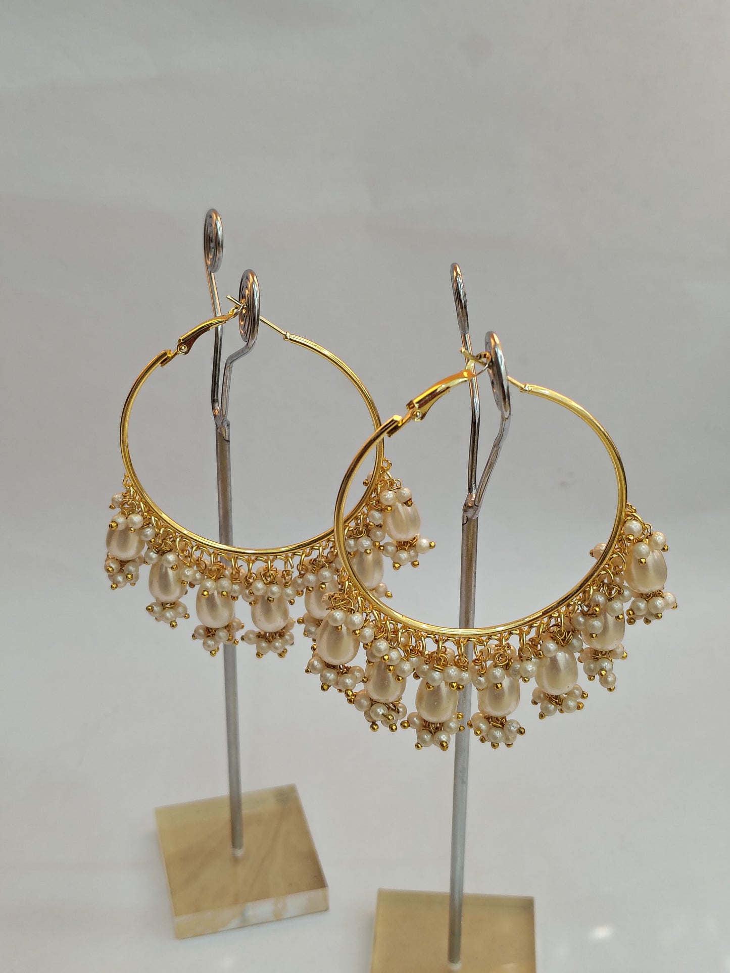 Golden Metal Hoop With White & Golden Shade Pearls