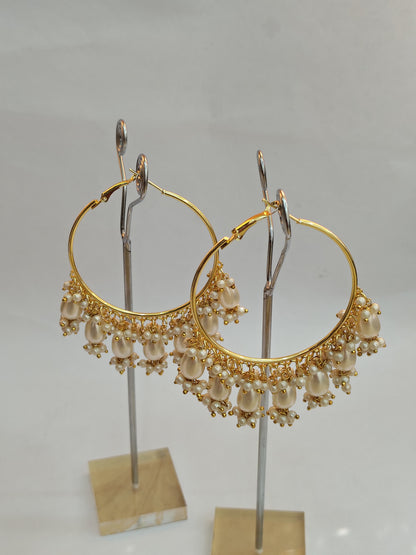 Golden Metal Hoop With White & Golden Shade Pearls