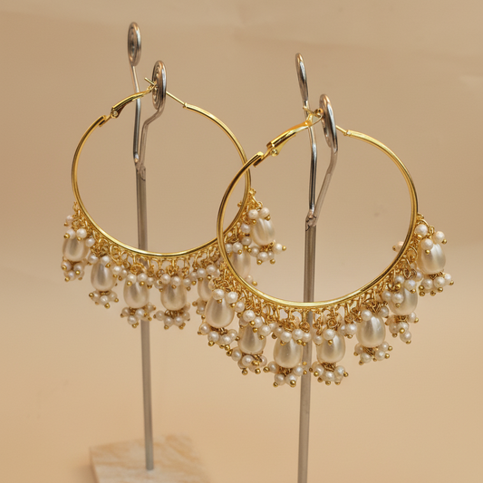 Golden Metal Hoop With White & Golden Shade Pearls