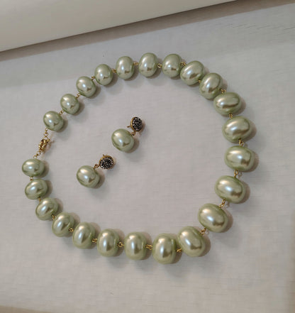 Soft Green Premium Heavy Pearl Necklace with Earrings