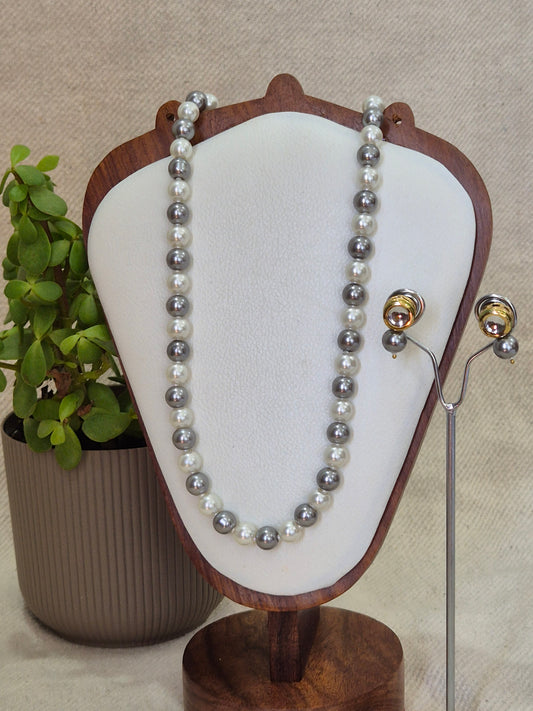 Grey And White Beads Necklace With Metal Earrings