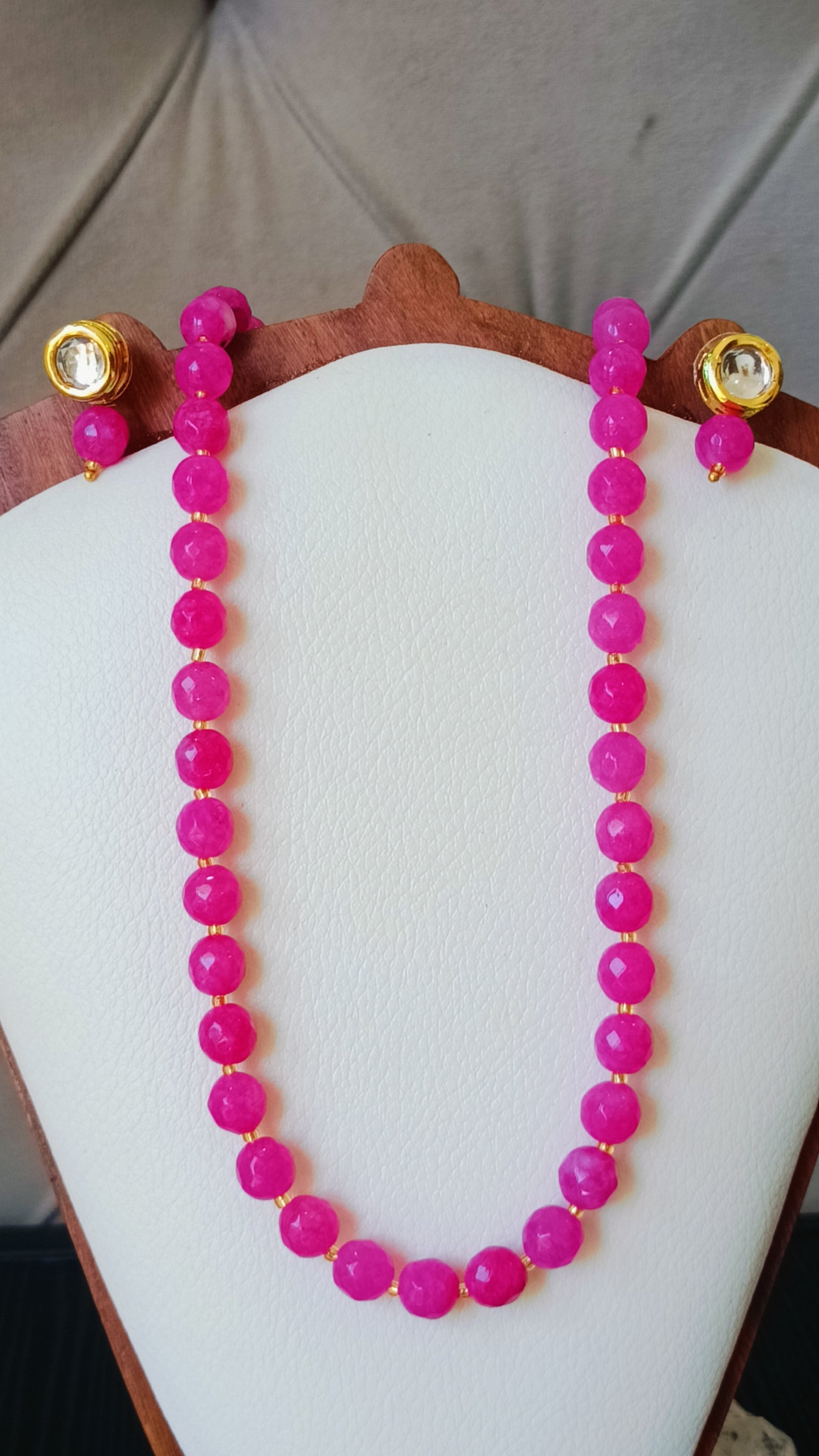 Bright Pink Onyx Beads With Metal Earrings