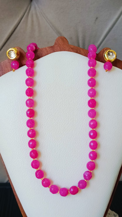 Bright Pink Onyx Beads With Metal Earrings