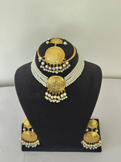 Royal Pearl Choker & Multi Strand Jewellery Set With Maang Tikka