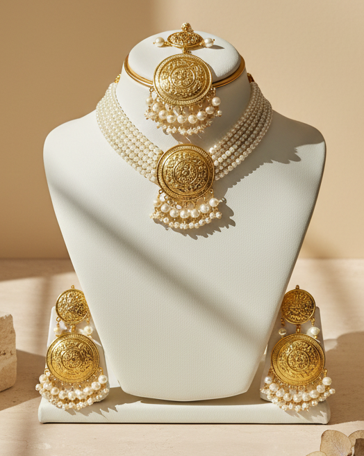 Royal Pearl Choker & Multi Strand Jewellery Set With Maang Tikka