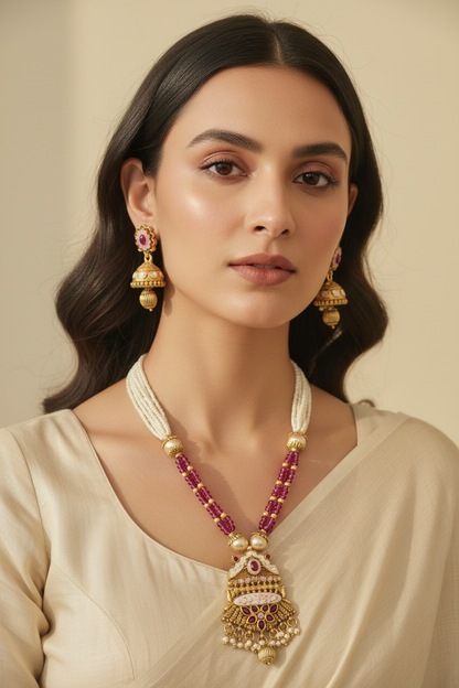 Pink White Golden With Golden Earrings