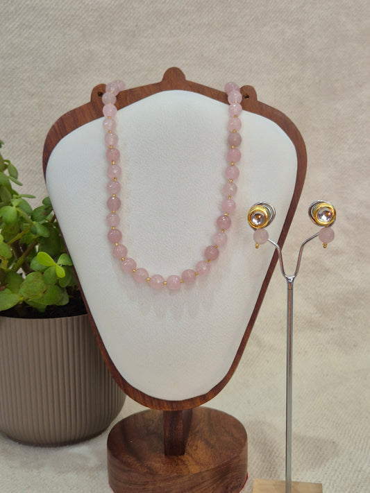 Baby Pink Onyx Necklace With Metal Earrings