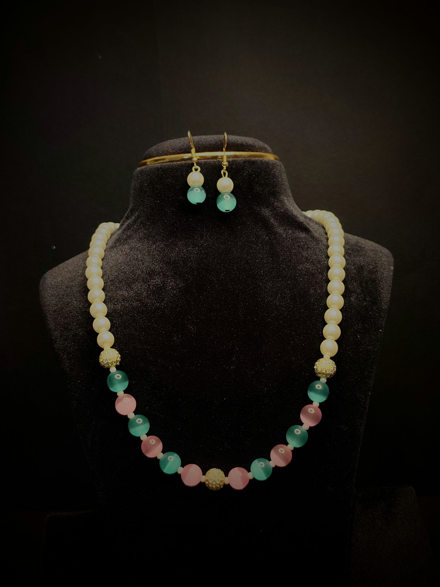 Multi Colour Pearl With Matching Earrings Necklace Set