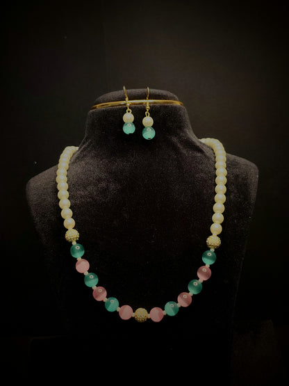 Multi Colour Pearl With Matching Earrings Necklace Set